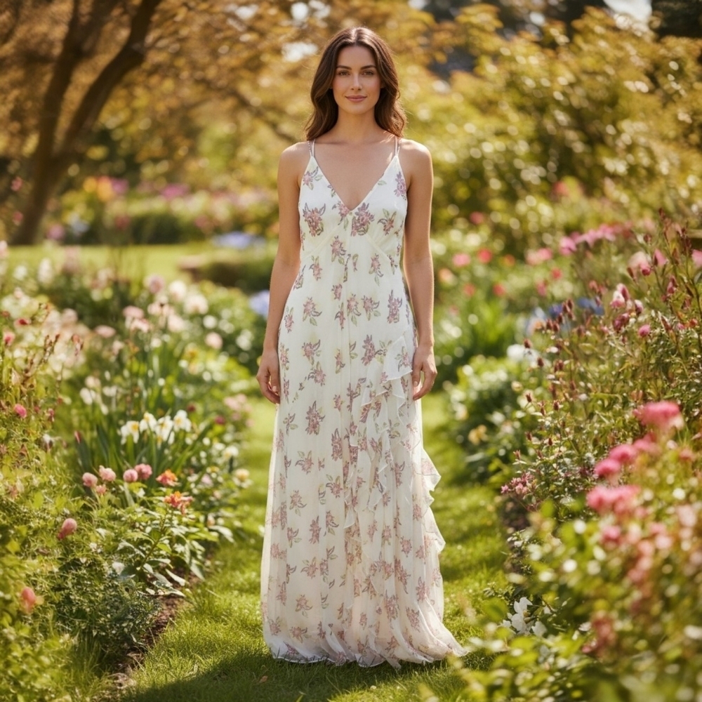 Free People Cream Maxi Dress with Pink Floral Print
